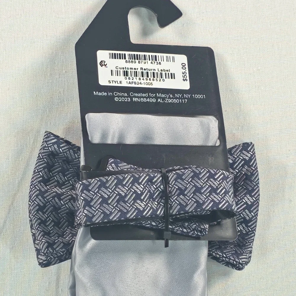 Alfani Mens Bow Tie and Pocket Square Set OS Blue/Silver Textured Formal Necktie